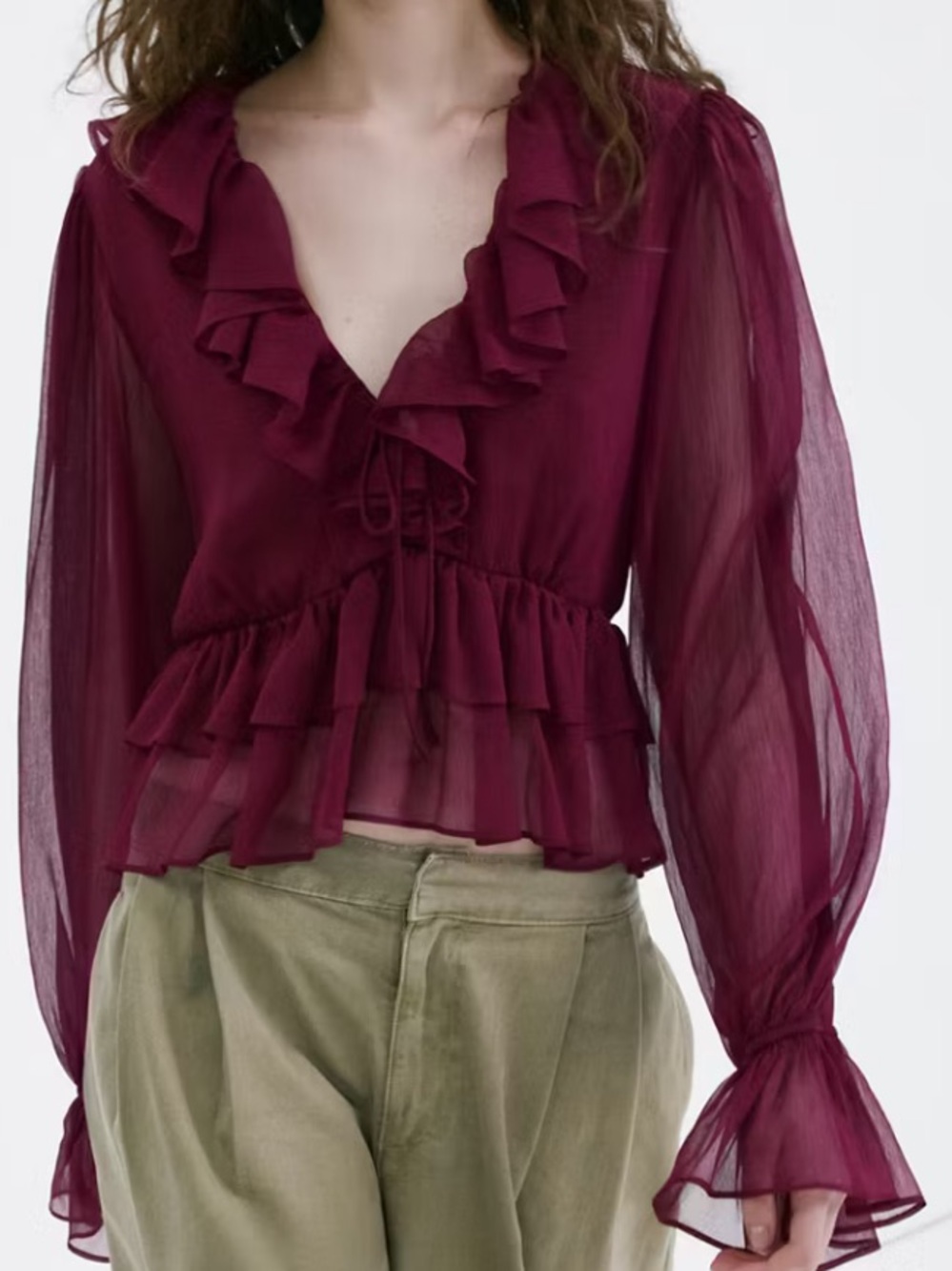 Mango Burgundy Ruffle Tie-Front Sheer Blouse FLUID RUFFLED BLOUSE 7160